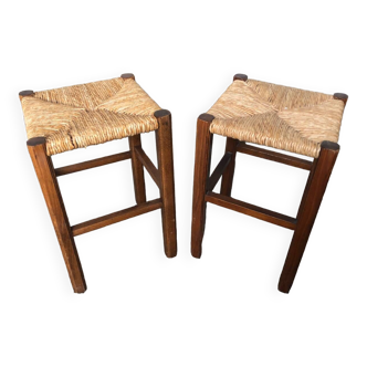 Pair of Old Carved Wood Stool + Vintage Straw Seat #A630