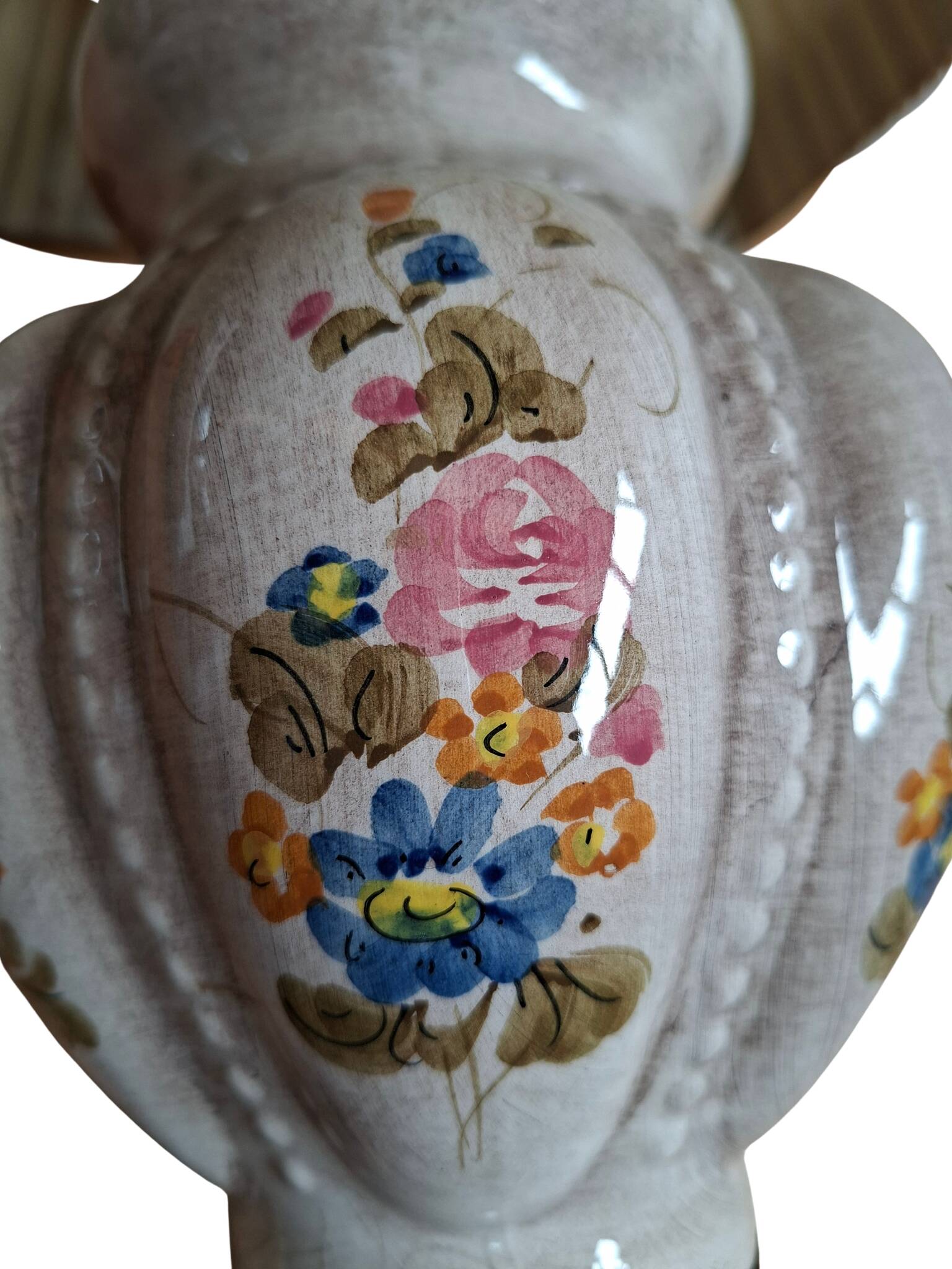 Lampada da Tavolo Vintage in Ceramica dipinta a mano e Velluto Bordeaux