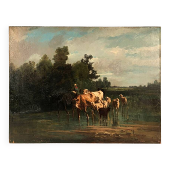 Andres Cortes y Aguilar (peintre espagnol 1812- 1879), huile sur toile “Troupeau à l’orée d’un bois”