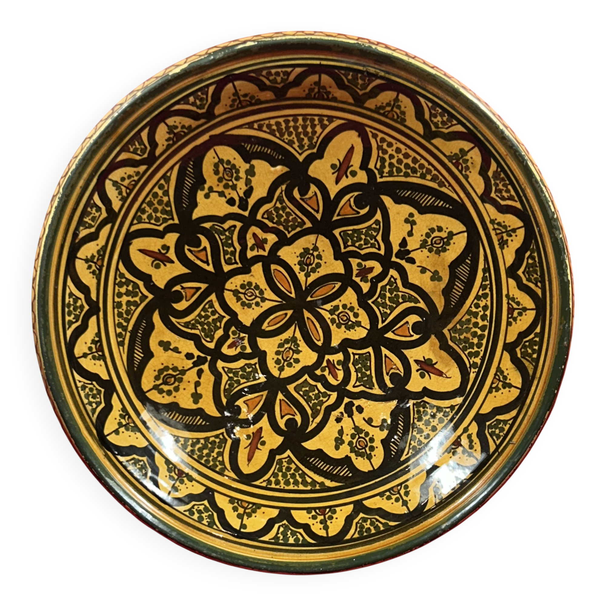 Grand et beau plat creux ancien Maghreb Signature à identifier SAFI? 37 cm