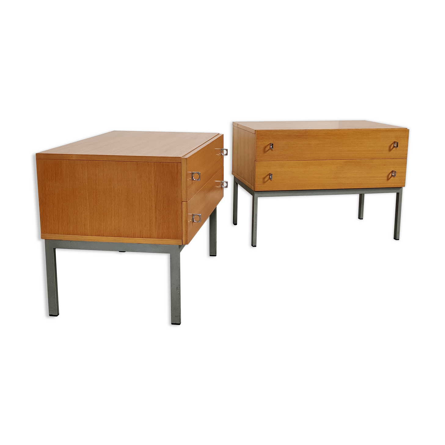 Pair of Scandinavian bedside tables, wood and metal 60s