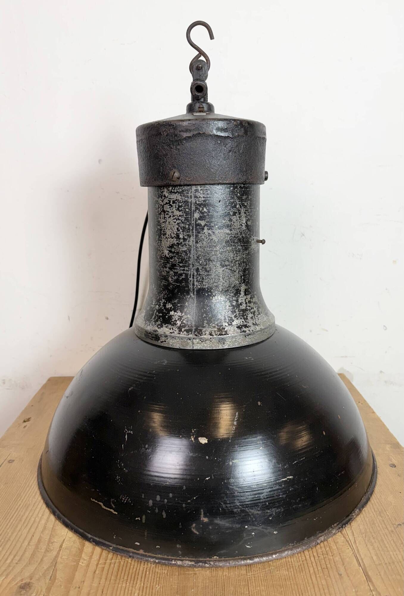 Large Industrial Factory Black Pendant Lamp with Cast Iron Top, 1950s