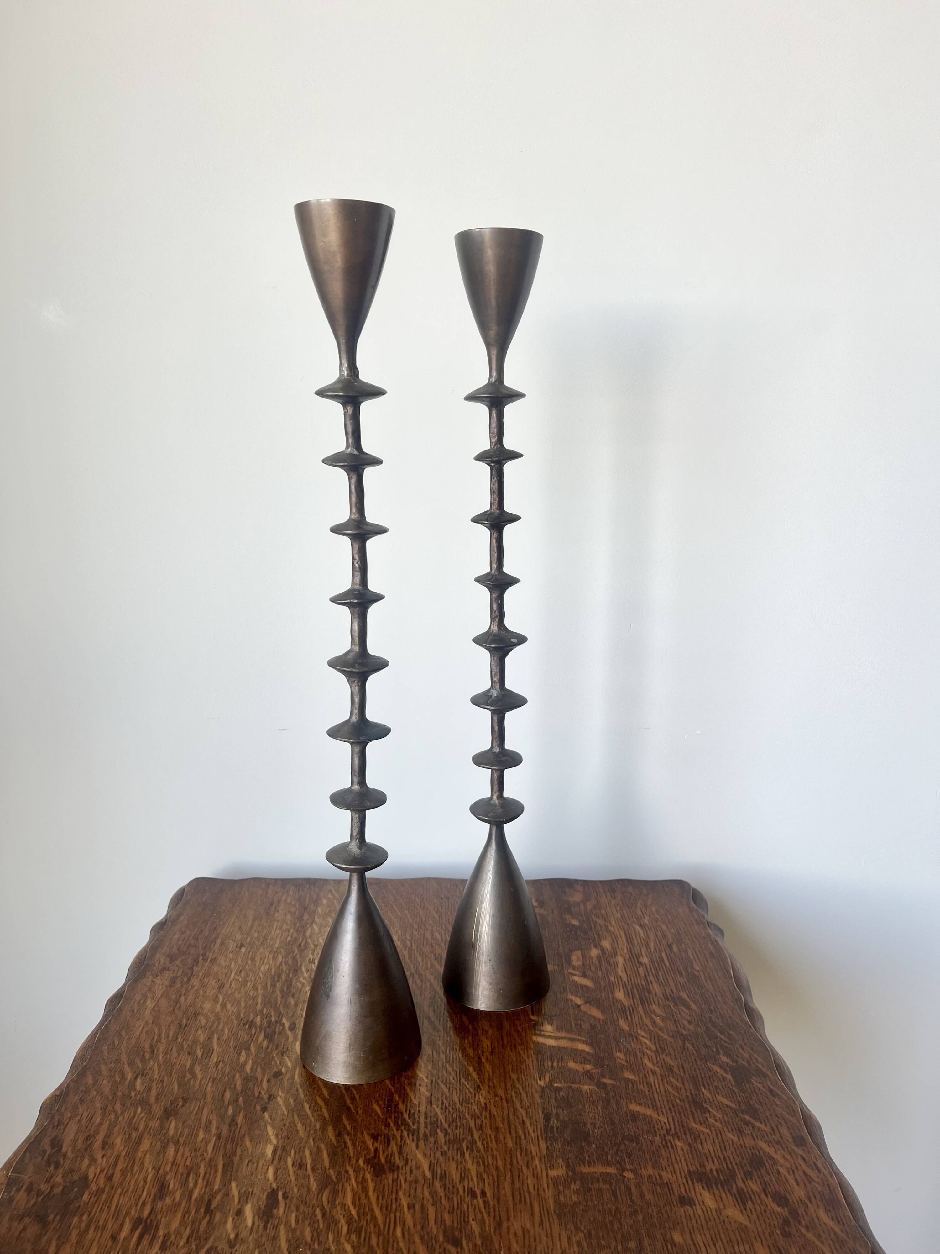 Vintage mid century brutalist hand forged brass candlesticks