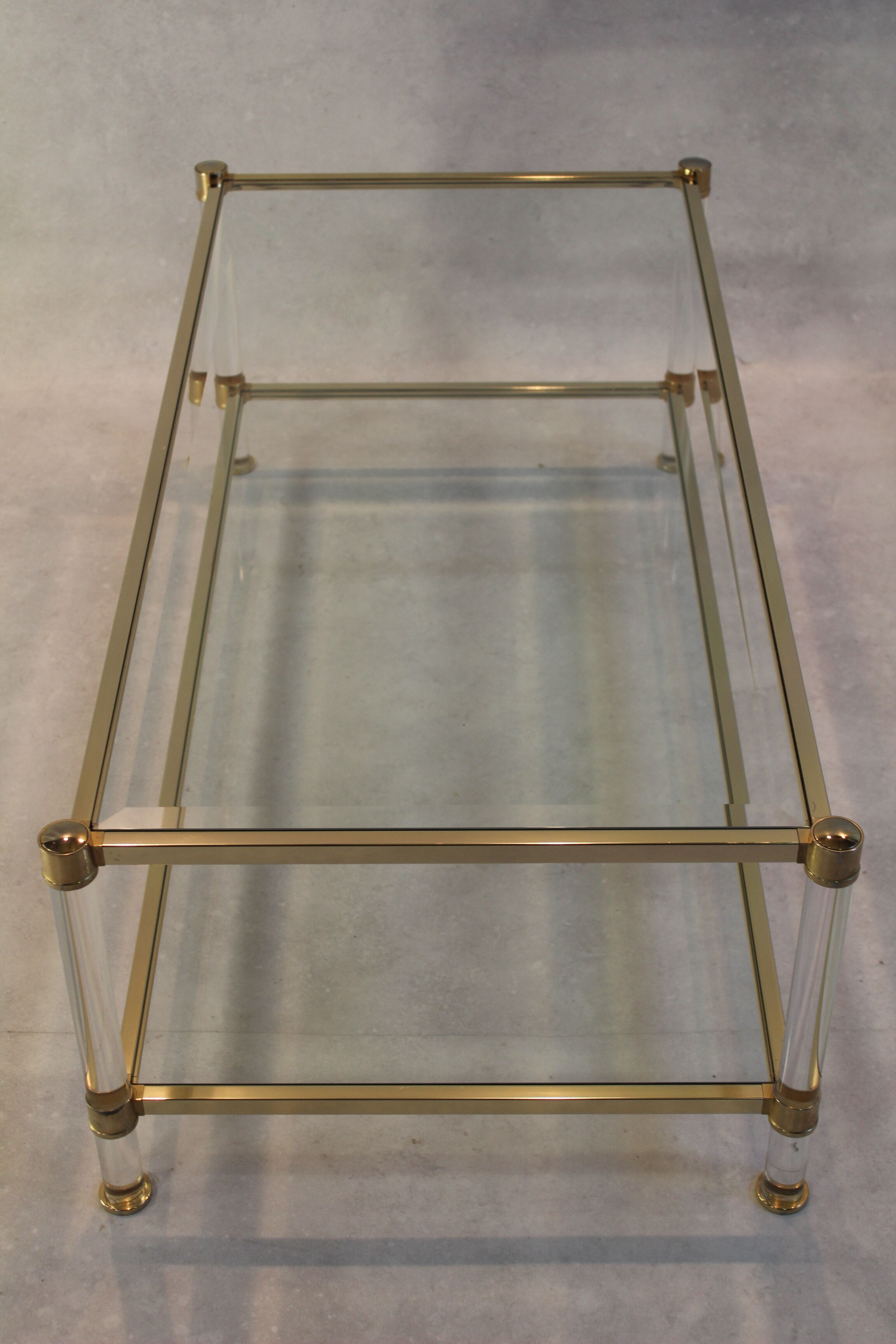 Plexiglass, glass and brass coffee table after Romeo Rega