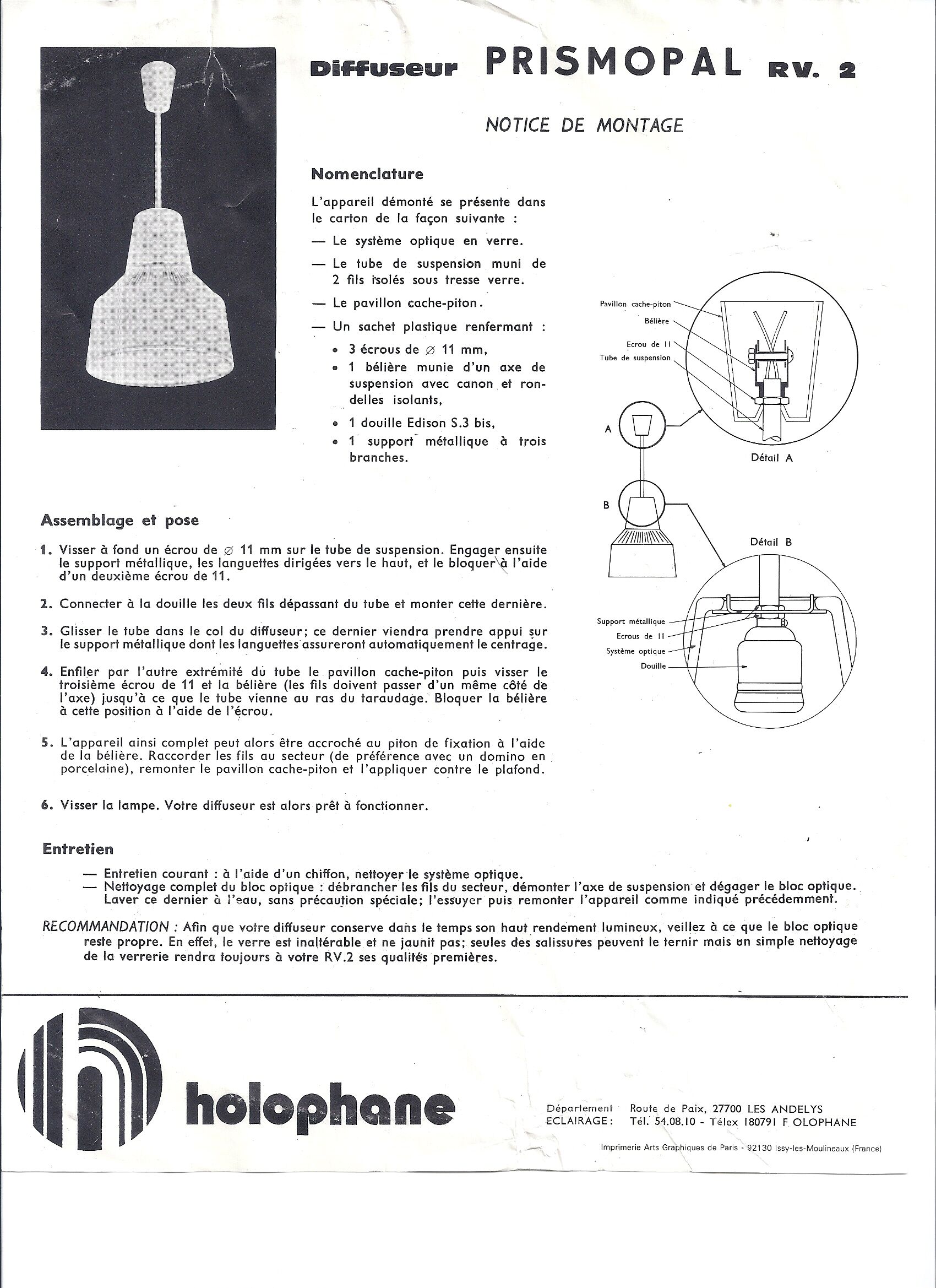 Holophane suspension en verre rv2 prismopal 1972  ø 24 cm