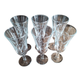 Set of 6 vintage champagne flutes in glass engraved opaque foliage