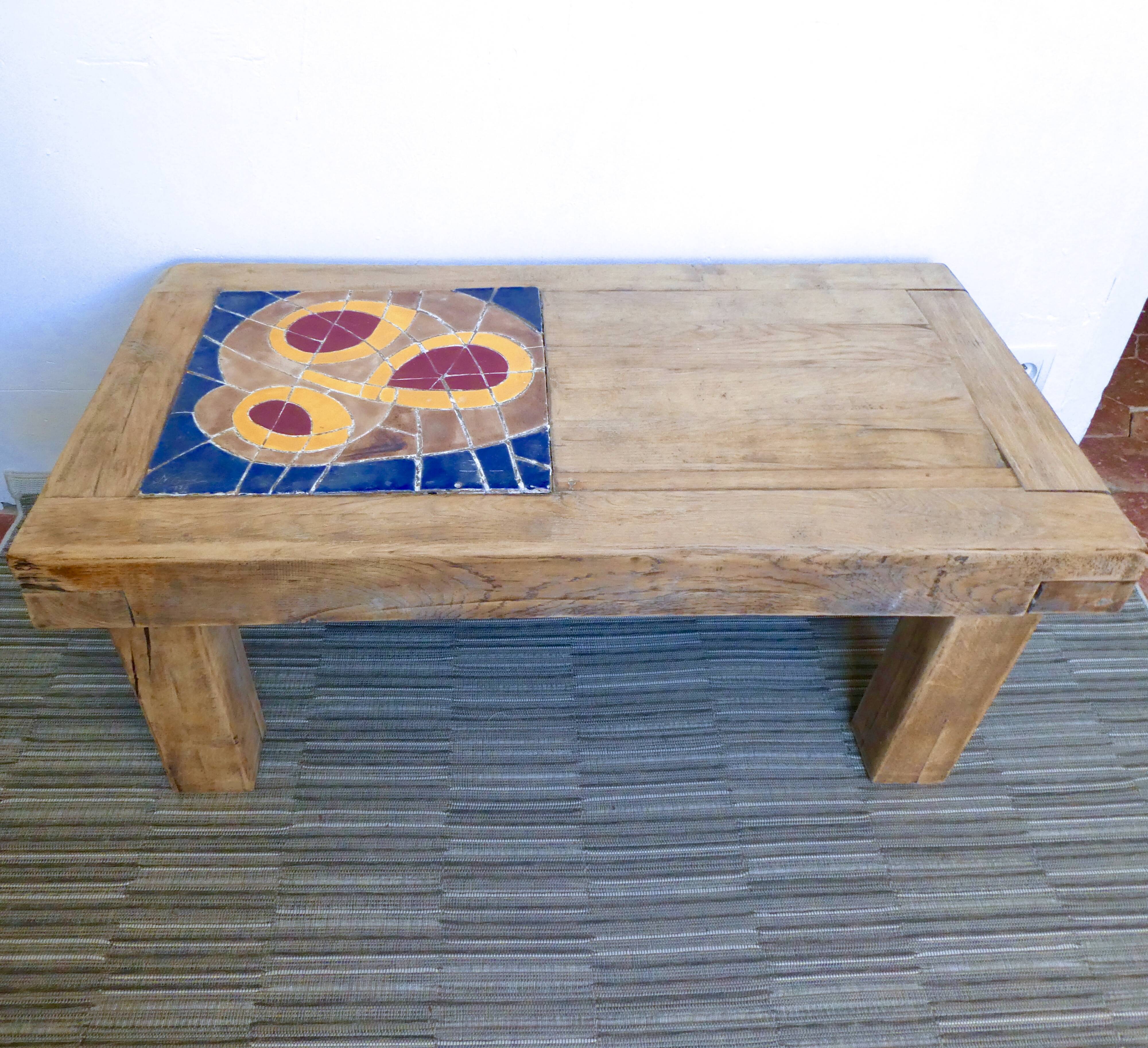 Solid wood and ceramic coffee table, 70s