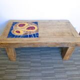 Solid wood and ceramic coffee table, 70s