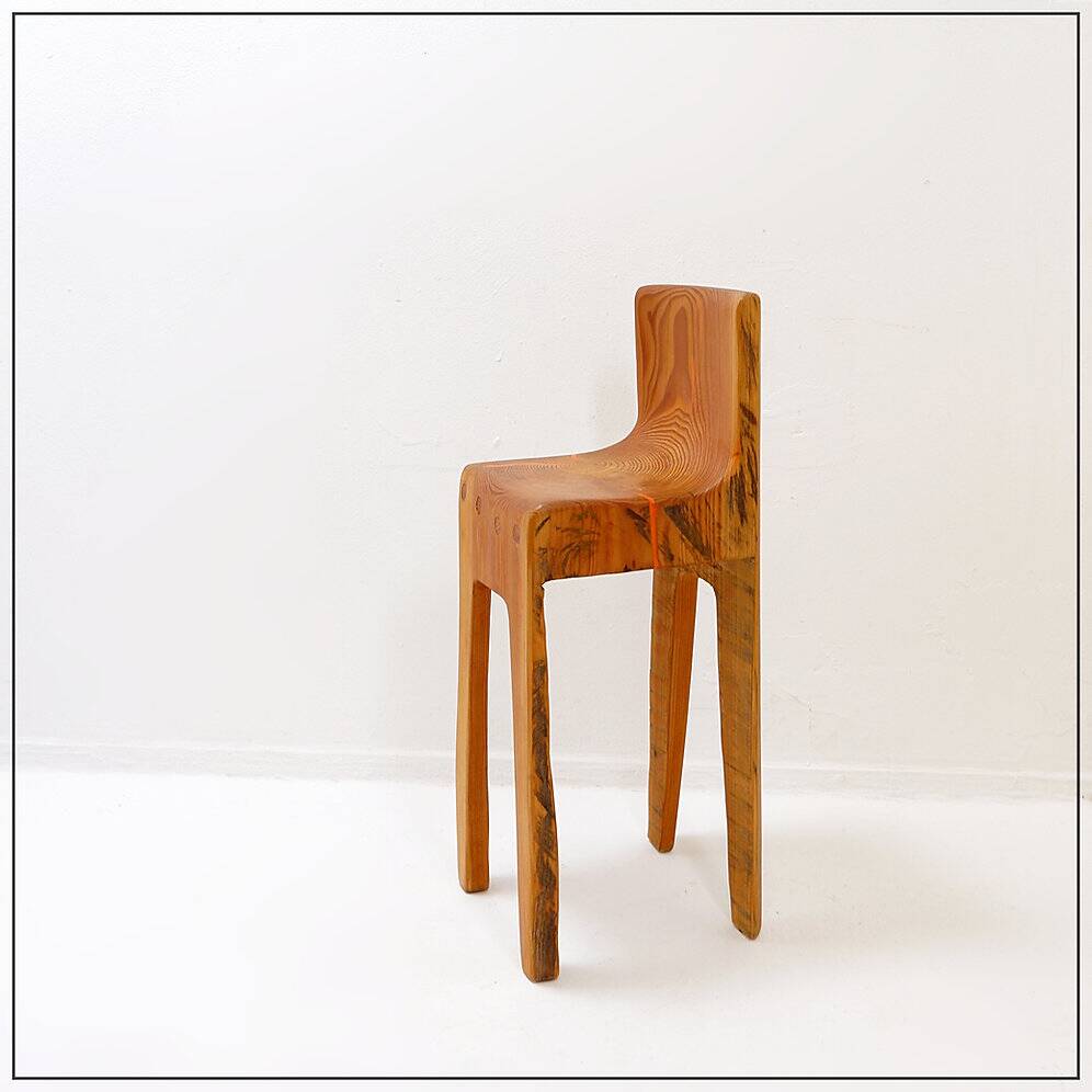 Sculptural high chair in brutalist style made of solid oak.