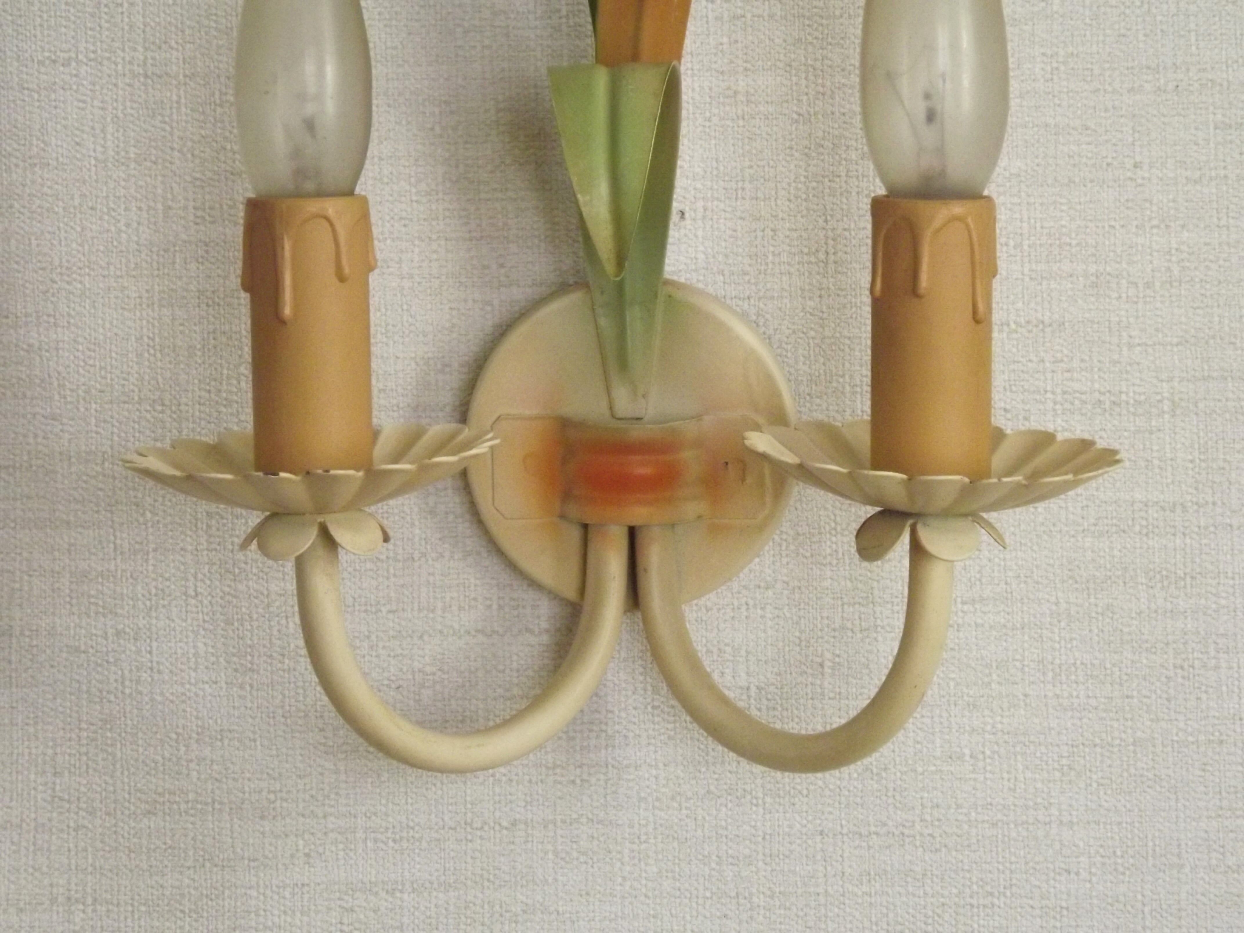 French vintage metal double wall light with peach and green leaves.
