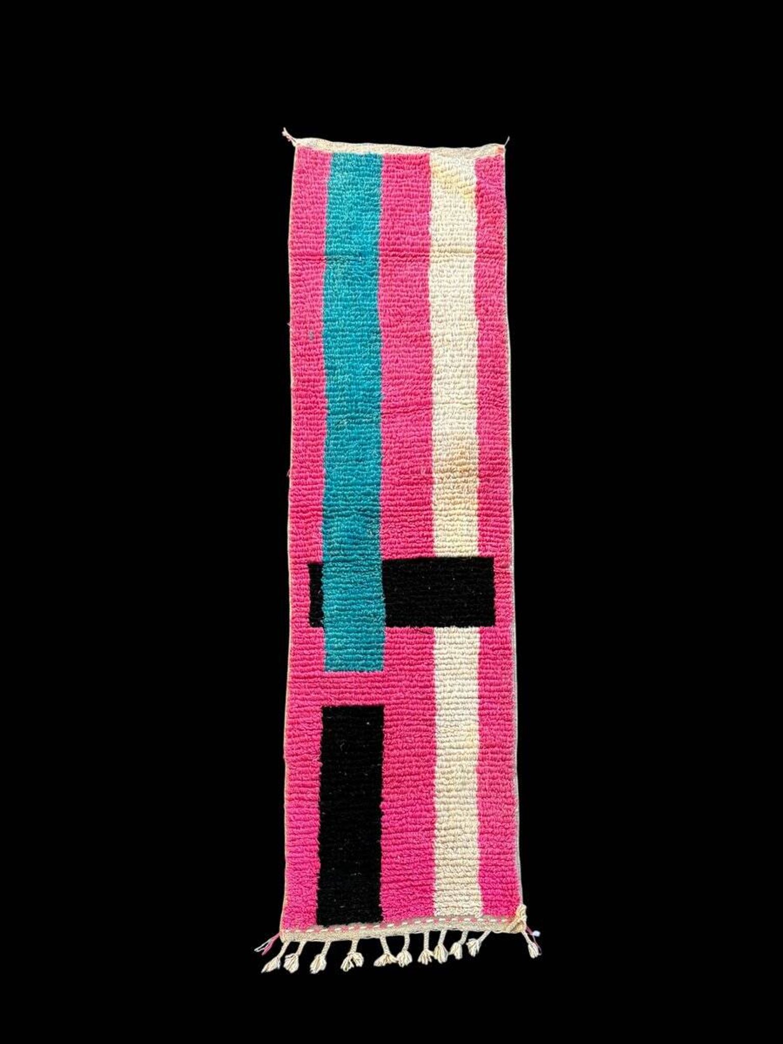 Moroccan Berber rug corridor in pink and blue wool.