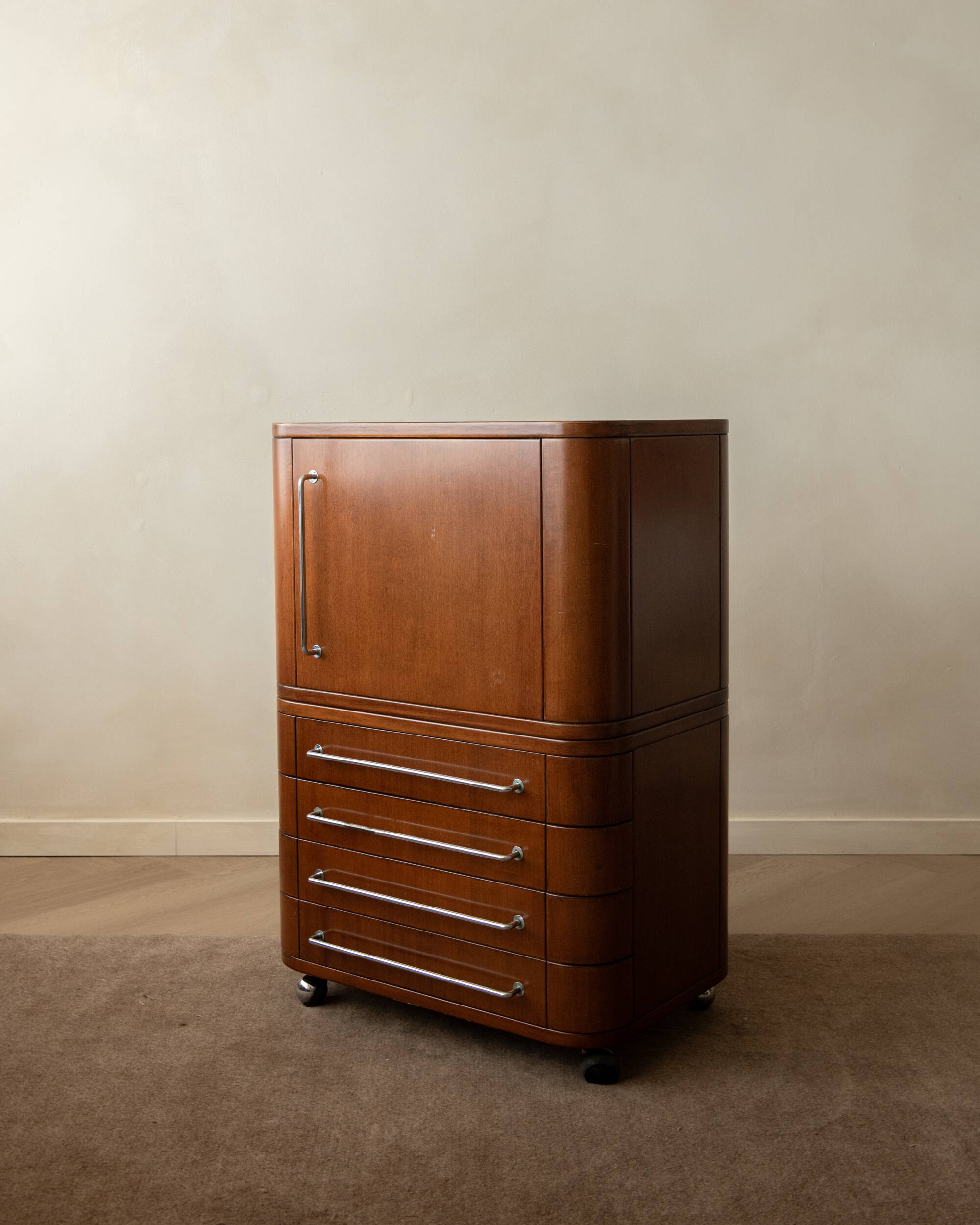 Art Deco Italian Wood Cabinet With Chrome Details, 1930s