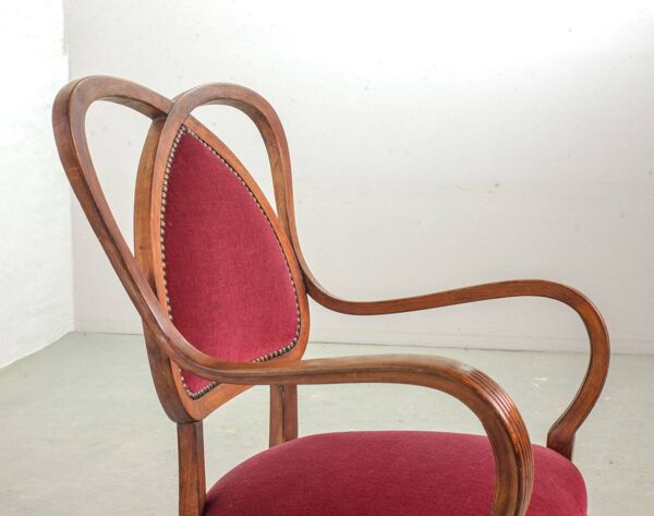 Chaises d'appoint vintage en bois et velours rouge en forme de cœur. Lot de 2. Années 1950.