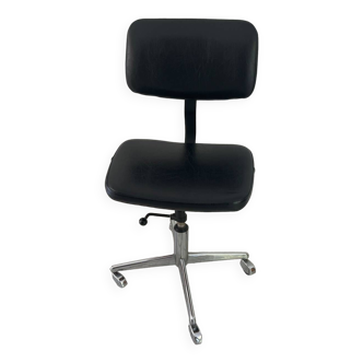 Vintage adjustable office chair in black cracked leather and silver metal