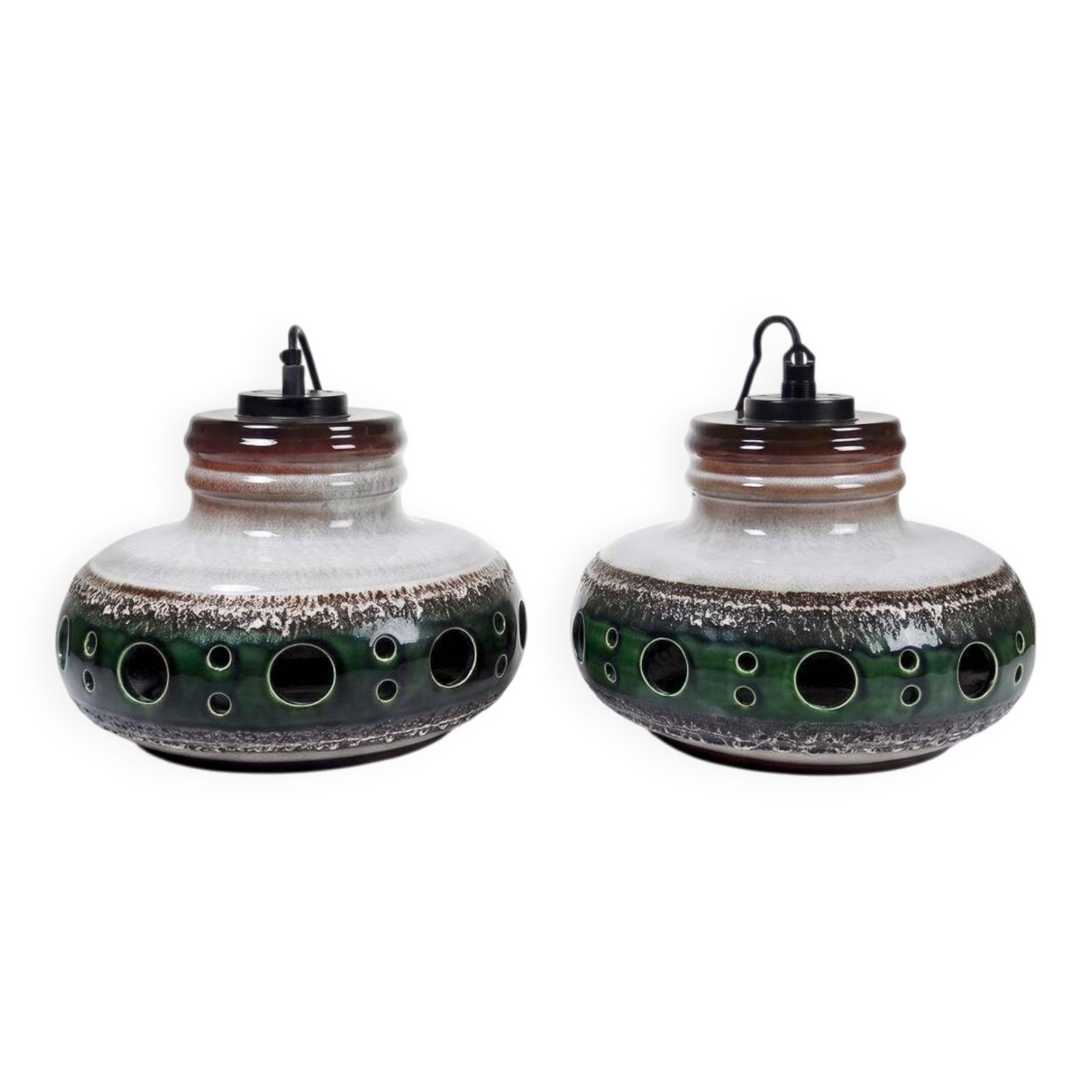 Pair of large Herda pendant lights in glazed ceramic, 1970s
