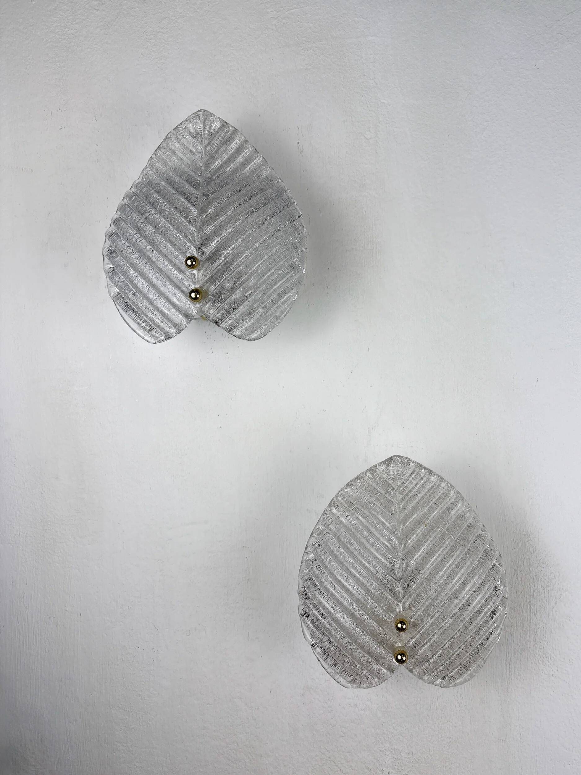 Pair of Murano frosted leaf sconces, textured glass & gilt details, Italy, 1970