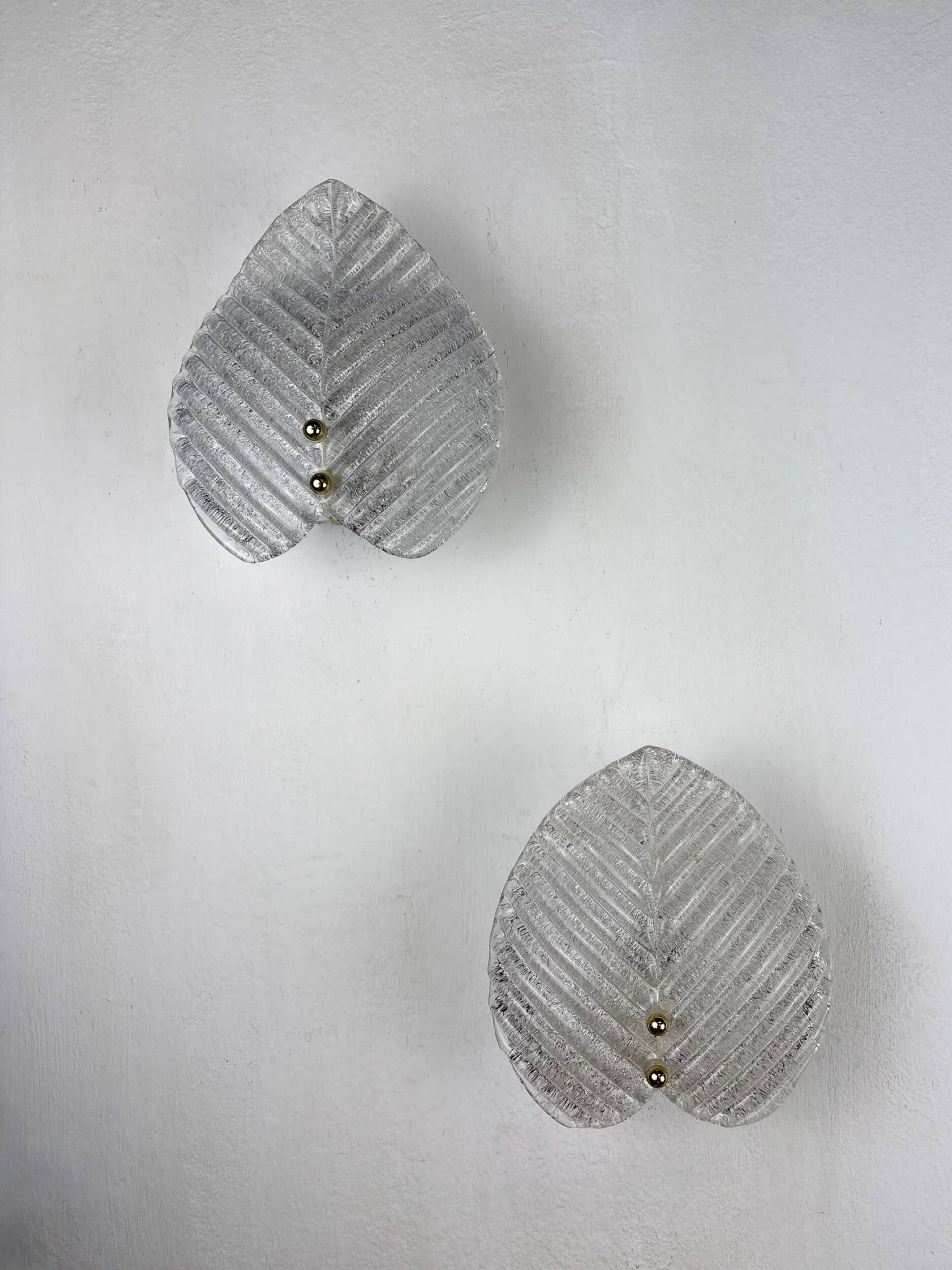 Pair of Murano frosted leaf sconces, textured glass & gilt details, Italy, 1970