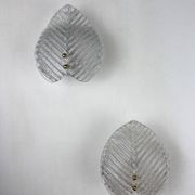 Pair of Murano frosted leaf sconces, textured glass & gilt details, Italy, 1970