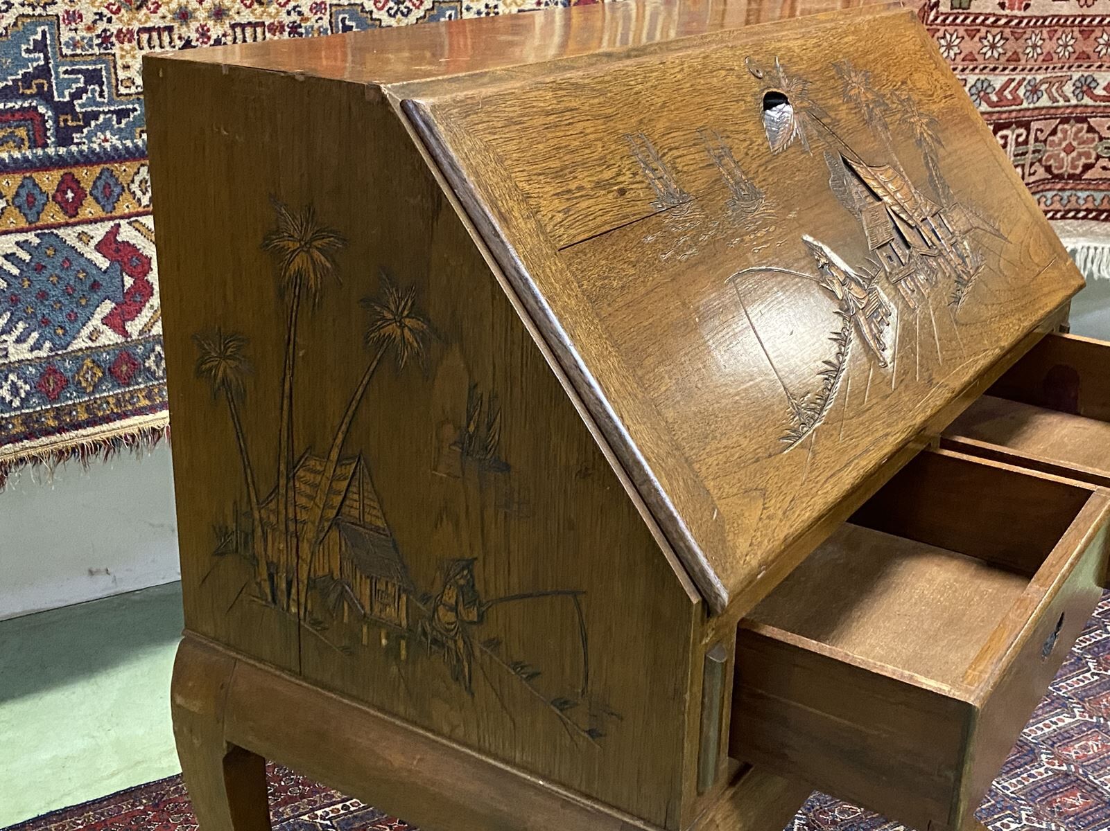 Asian-style teak secretary, 1970s manufacturing