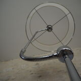 Flexible floor lamp, chrome, opaque white lampshade and metallic edges