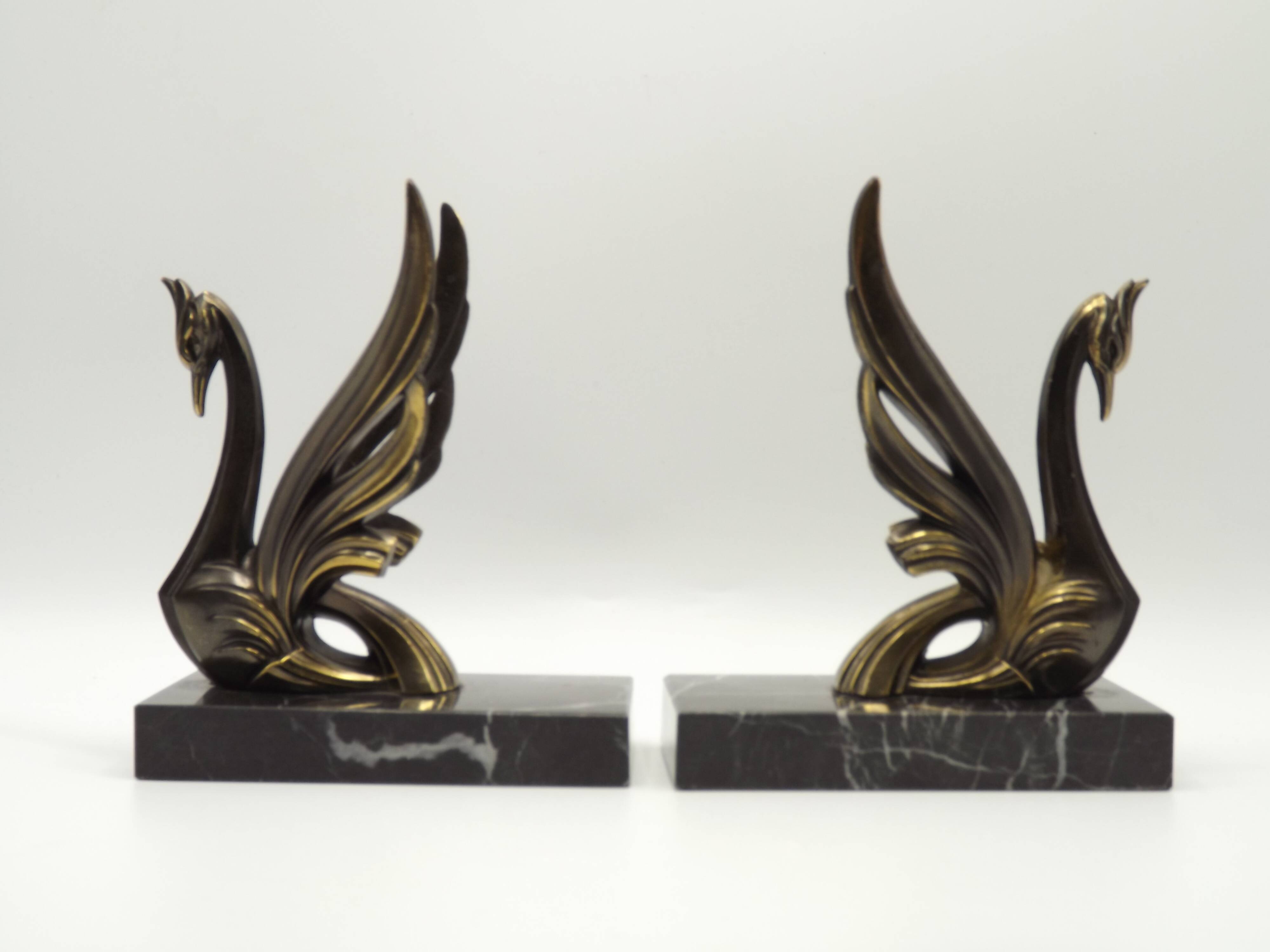 French Art Deco Bronzed Effect Spelter Swan Book Ends Black Marble Base