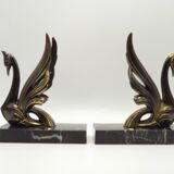 French Art Deco Bronzed Effect Spelter Swan Book Ends Black Marble Base