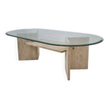 Italian Coffee Table in Travertine and Facet Cut Glass, 1980s