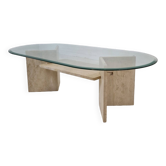 Italian Coffee Table in Travertine and Facet Cut Glass, 1980s