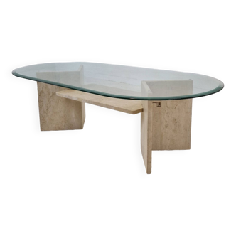 Italian Coffee Table in Travertine and Facet Cut Glass, 1980s