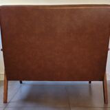 Scandinavian sofa 2 places 60s in wood and imitation leather