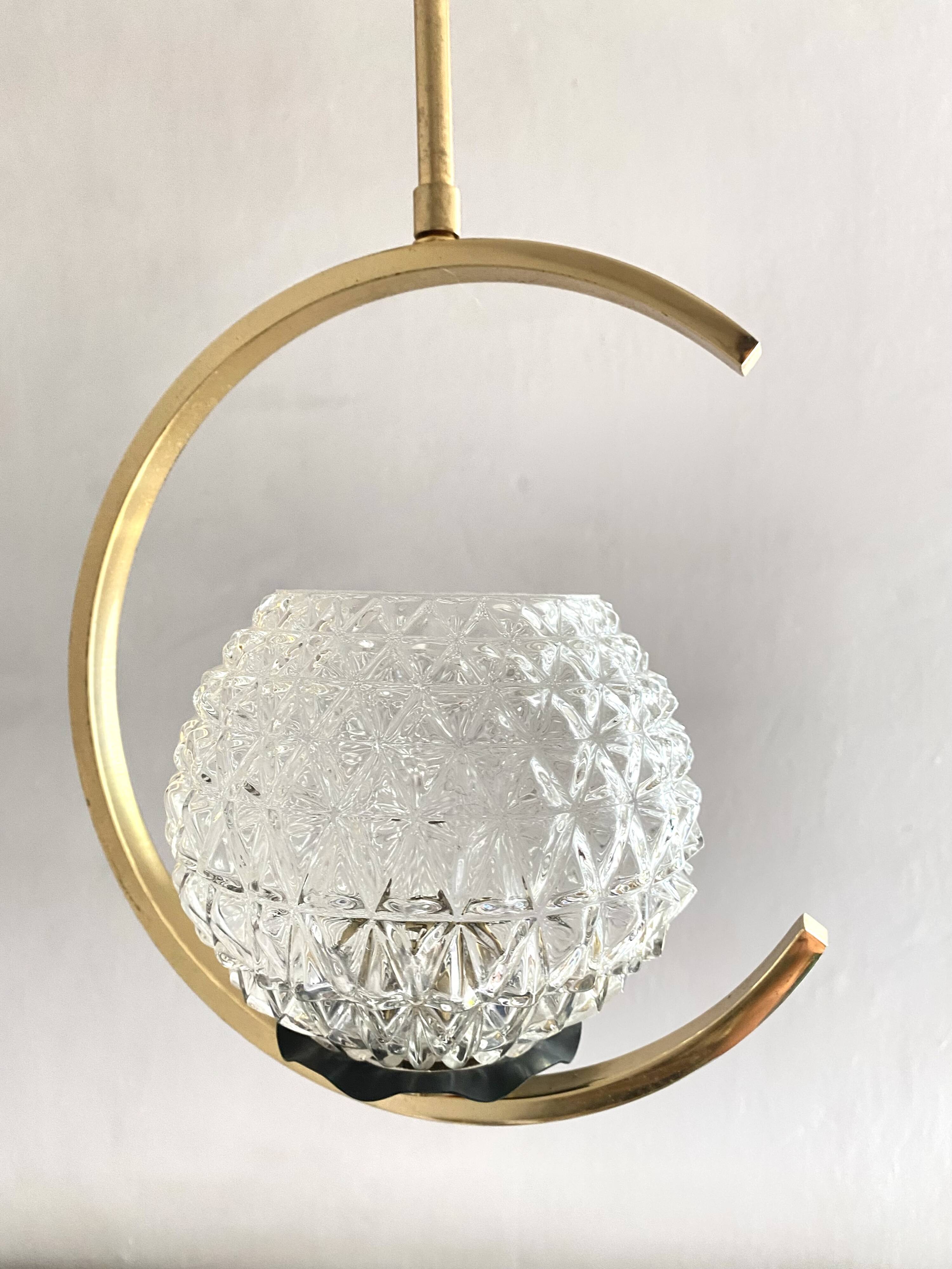 60s Arlus style pendant light, brass and glass
