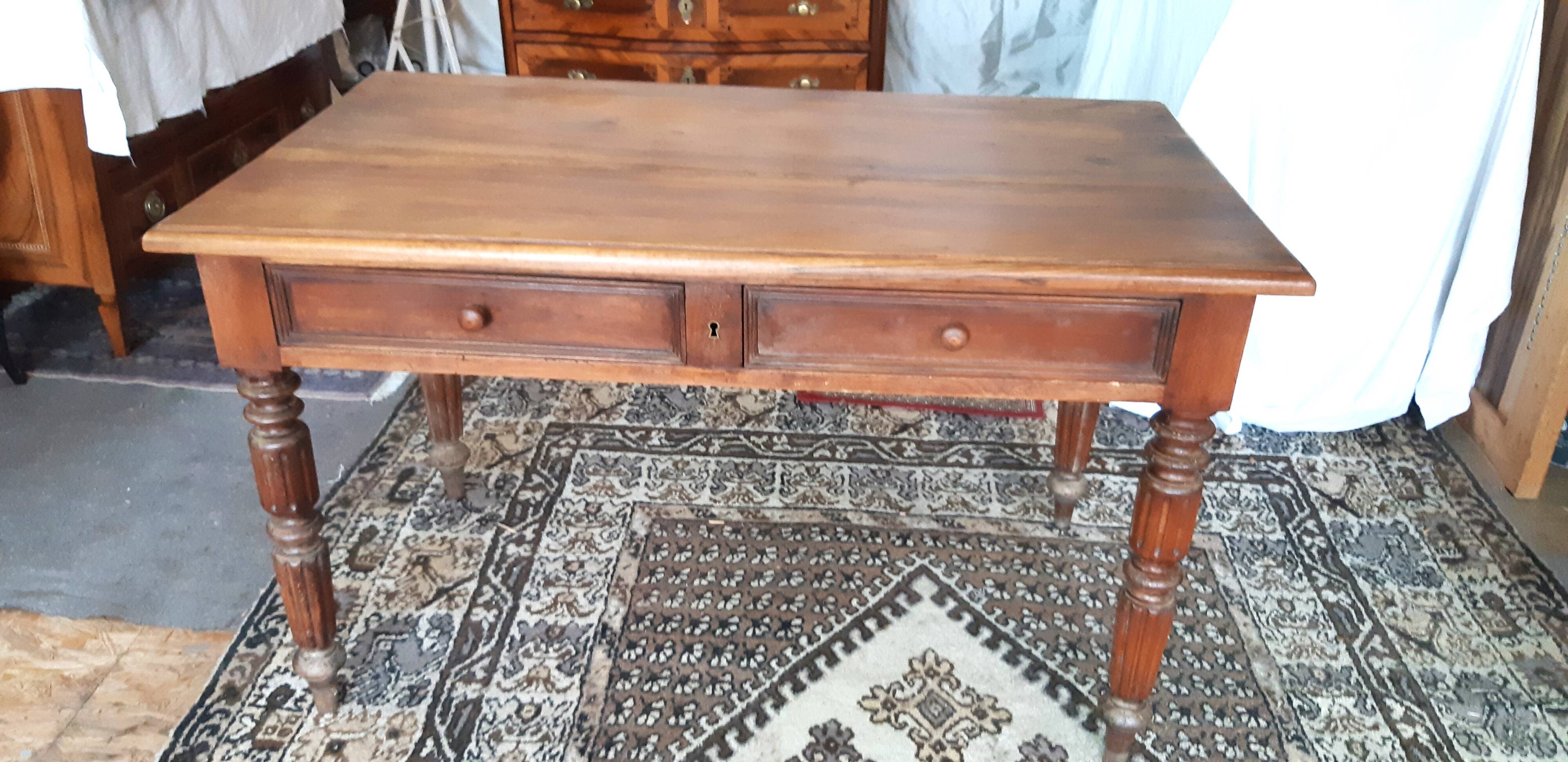 Rustic flat desk old 19th century farmhouse table in walnut