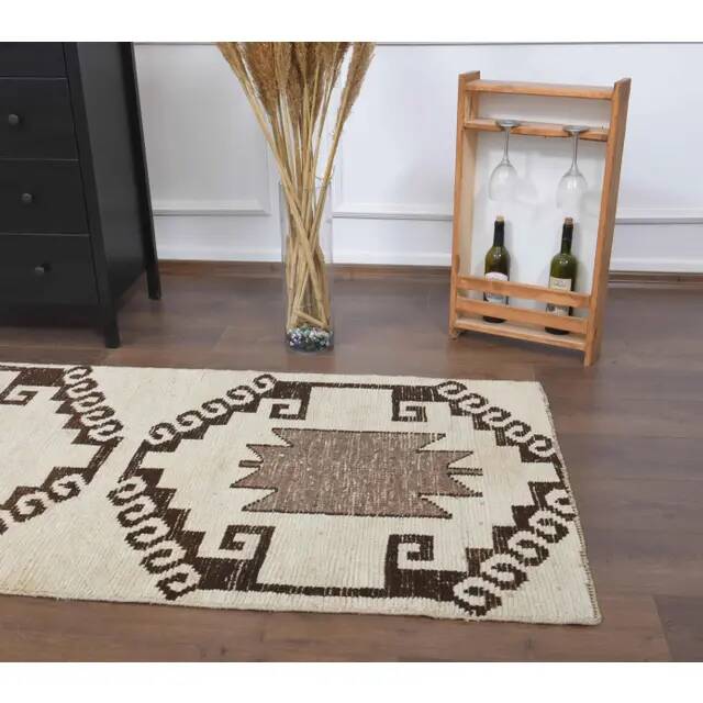 1970s Vintage Turkish Hand-Knotted Wool Cotton Beige Runner Rug 94x316