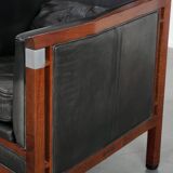 Black Art Deco cowhide leather and wooden design armchair with a high back