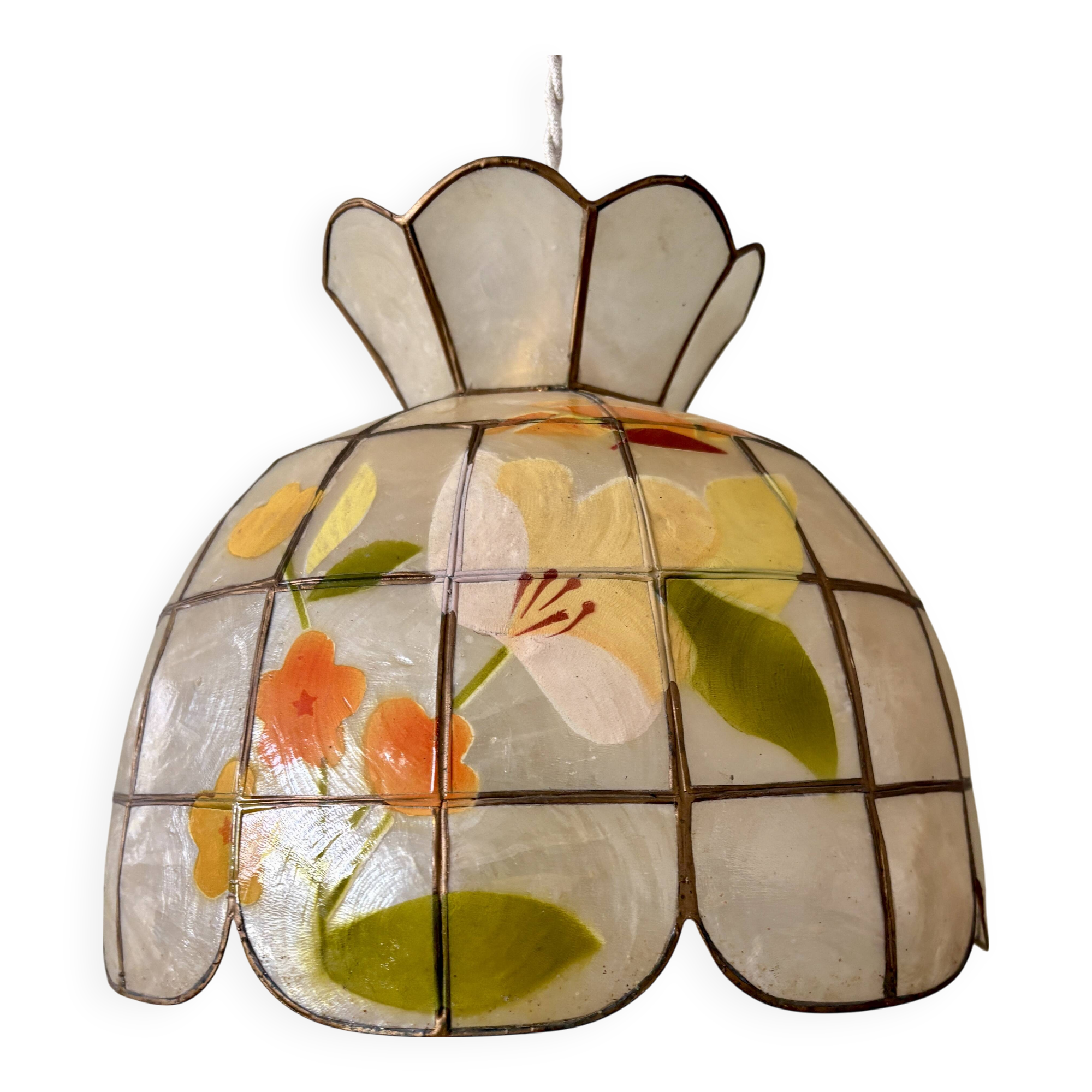 Vintage mother-of-pearl and brass lampshade pendant light with flower decorations