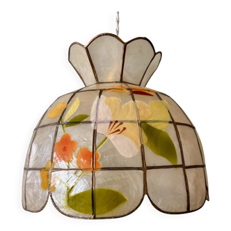 Vintage mother-of-pearl and brass lampshade pendant light with flower decorations