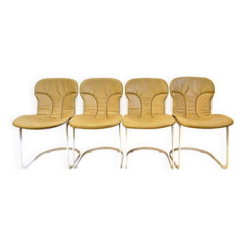 Lot de 4 chaises vintage CIDUE – cuir jaune – Italie