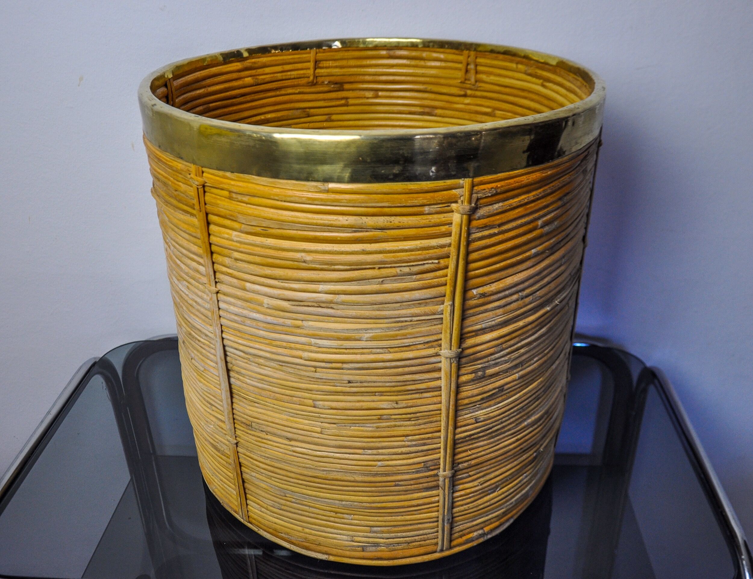 Basket xl in rattan and brass, italy, 1970, 41cm diam