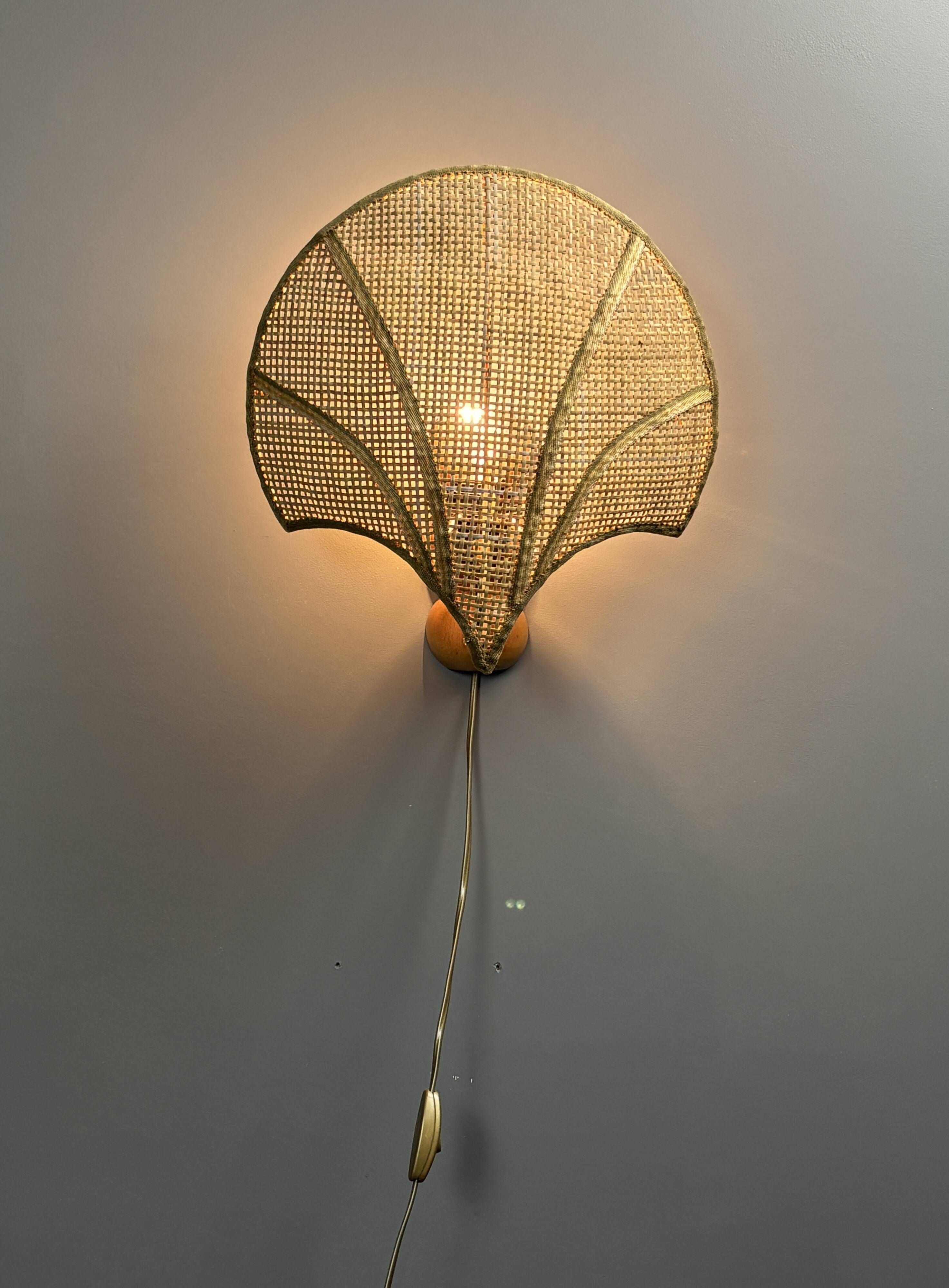 Pair midcentury Italian rattan wicker pine brass scallop wall sconces 1970s