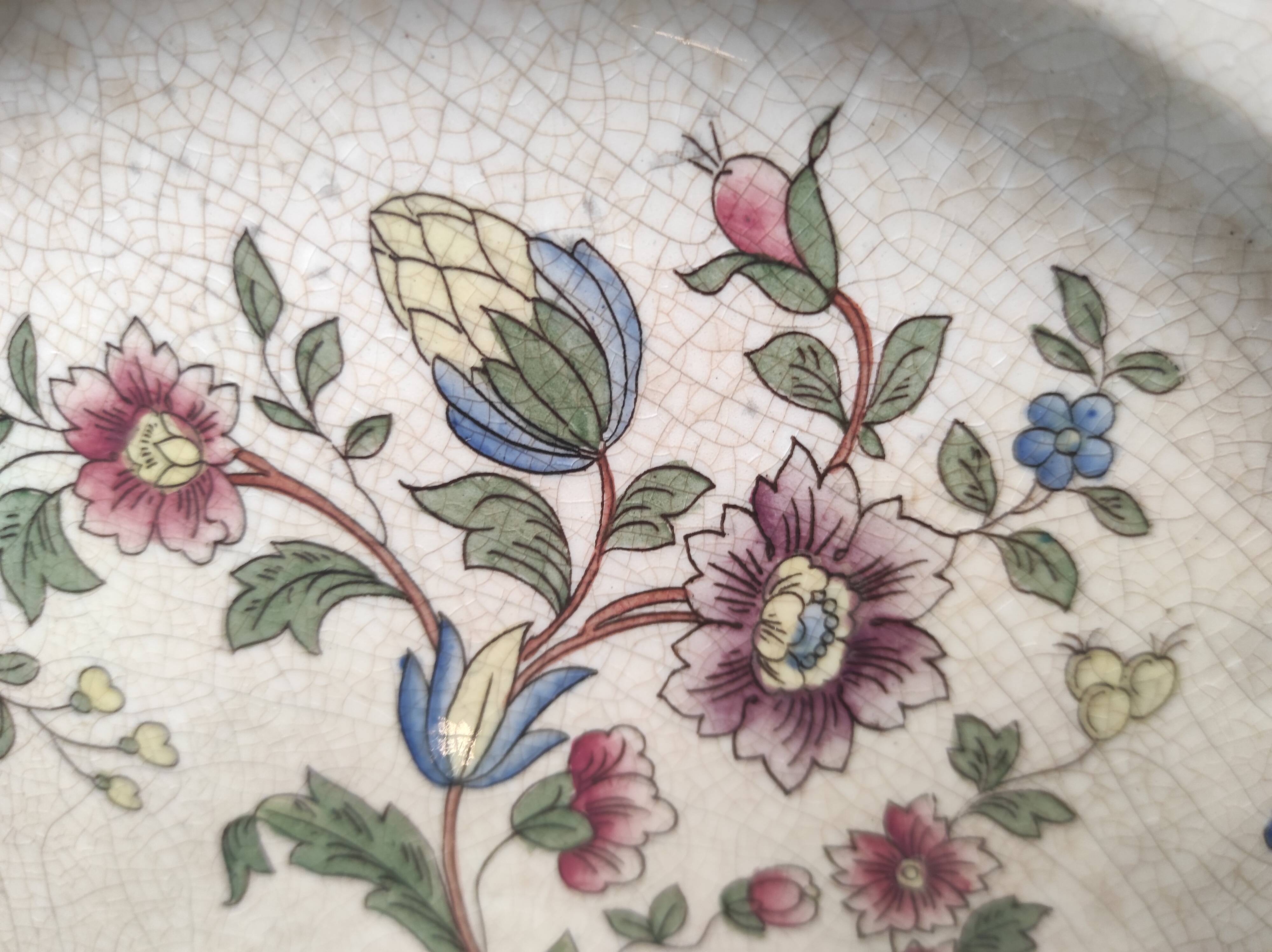 Vintage French round serving plate faience de Rouen, representing a horn of plenty