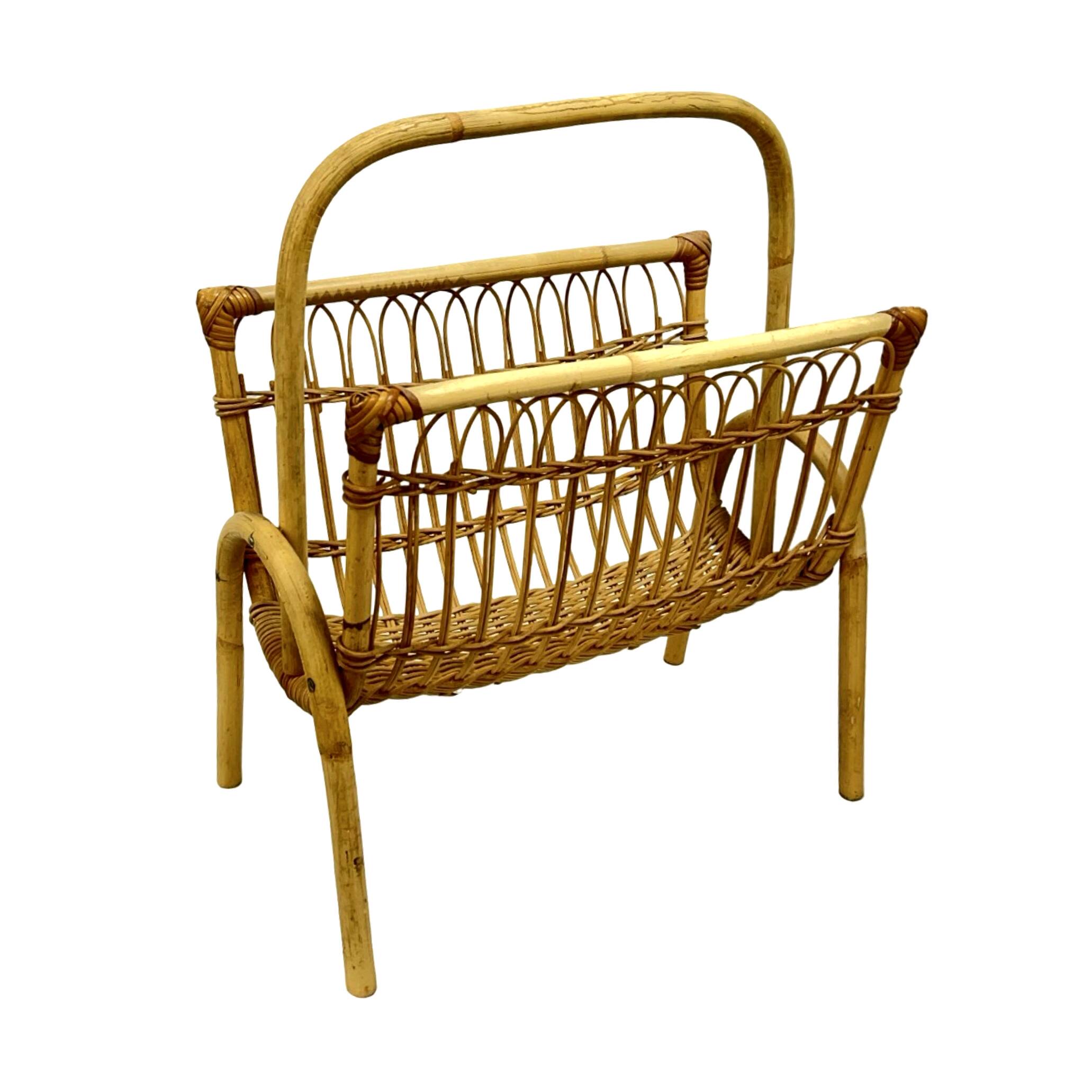 Vintage Wicker Newspaper Rack, Boho/PRL, Franco Albini Style, Italy 1970s