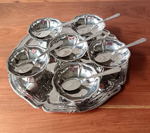 Service 6 coupes, plateau et cuillères à glace g degrenne, modèle louis xv