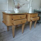 Pair of vintage bedside tables in raw wood, mirrored tops.