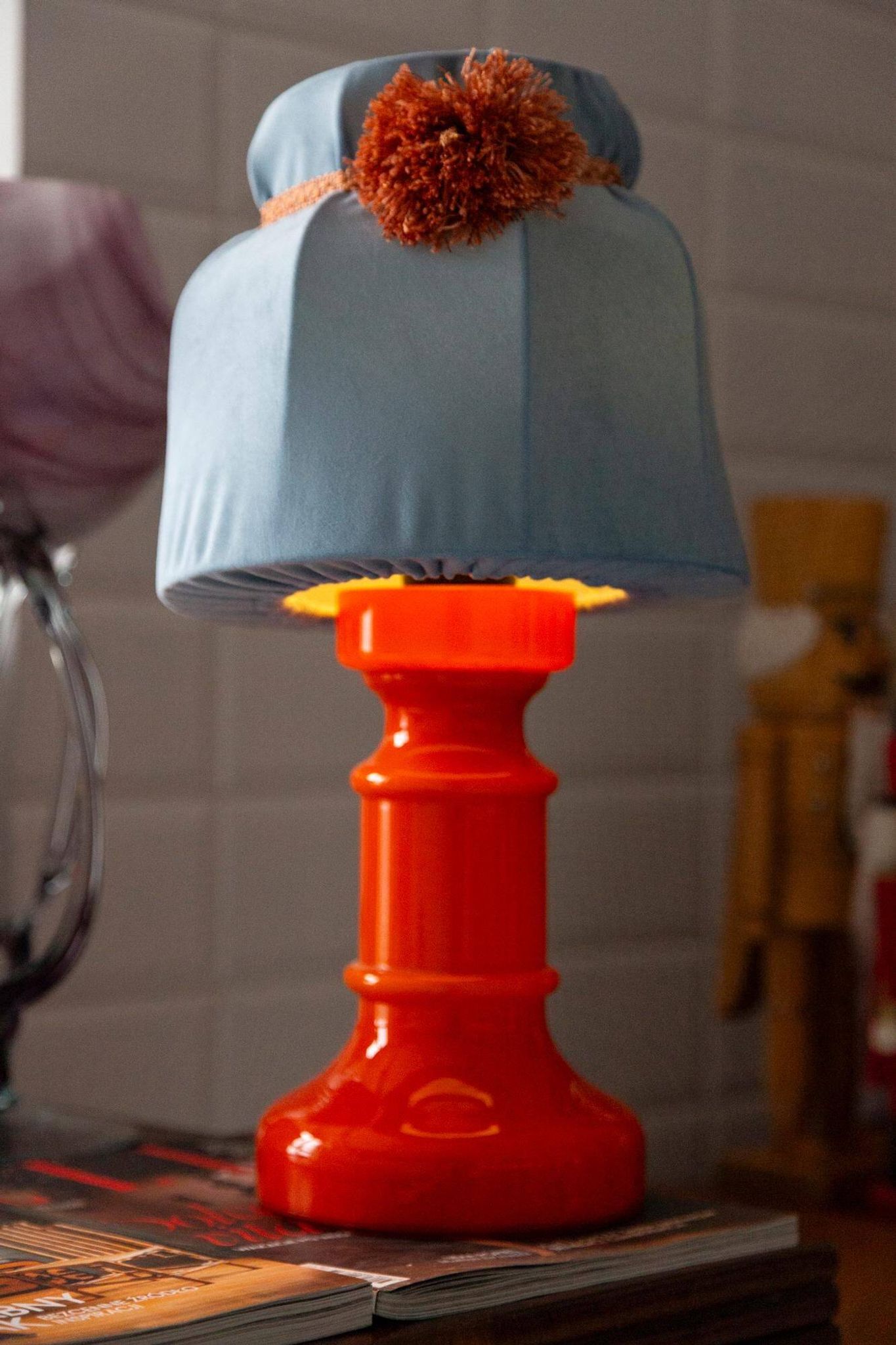Orange and blue ceramic table lamp with velvet, Italy, 1960s