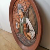 Vintage Embossed Clay Plate: Man Drinking, Retro Wall Decor