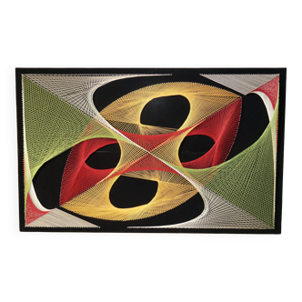 Grand tableau design psychédélique point et fil multicolore années 1970