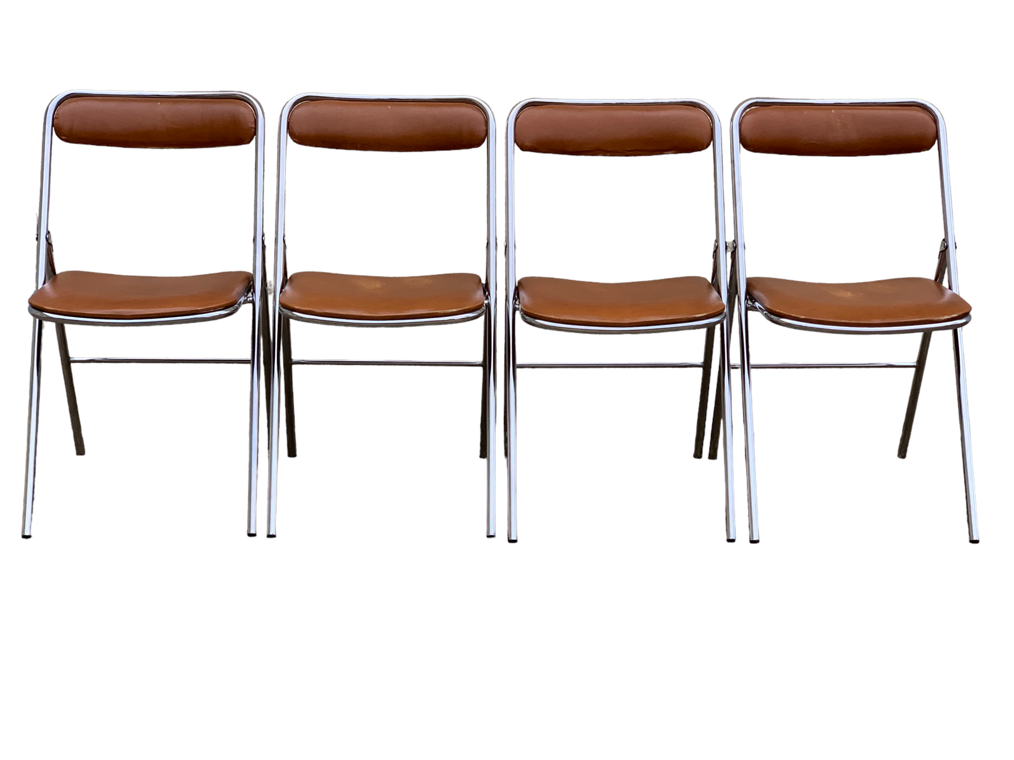 4 folding chairs chromed metal and Skaï fawn 1970