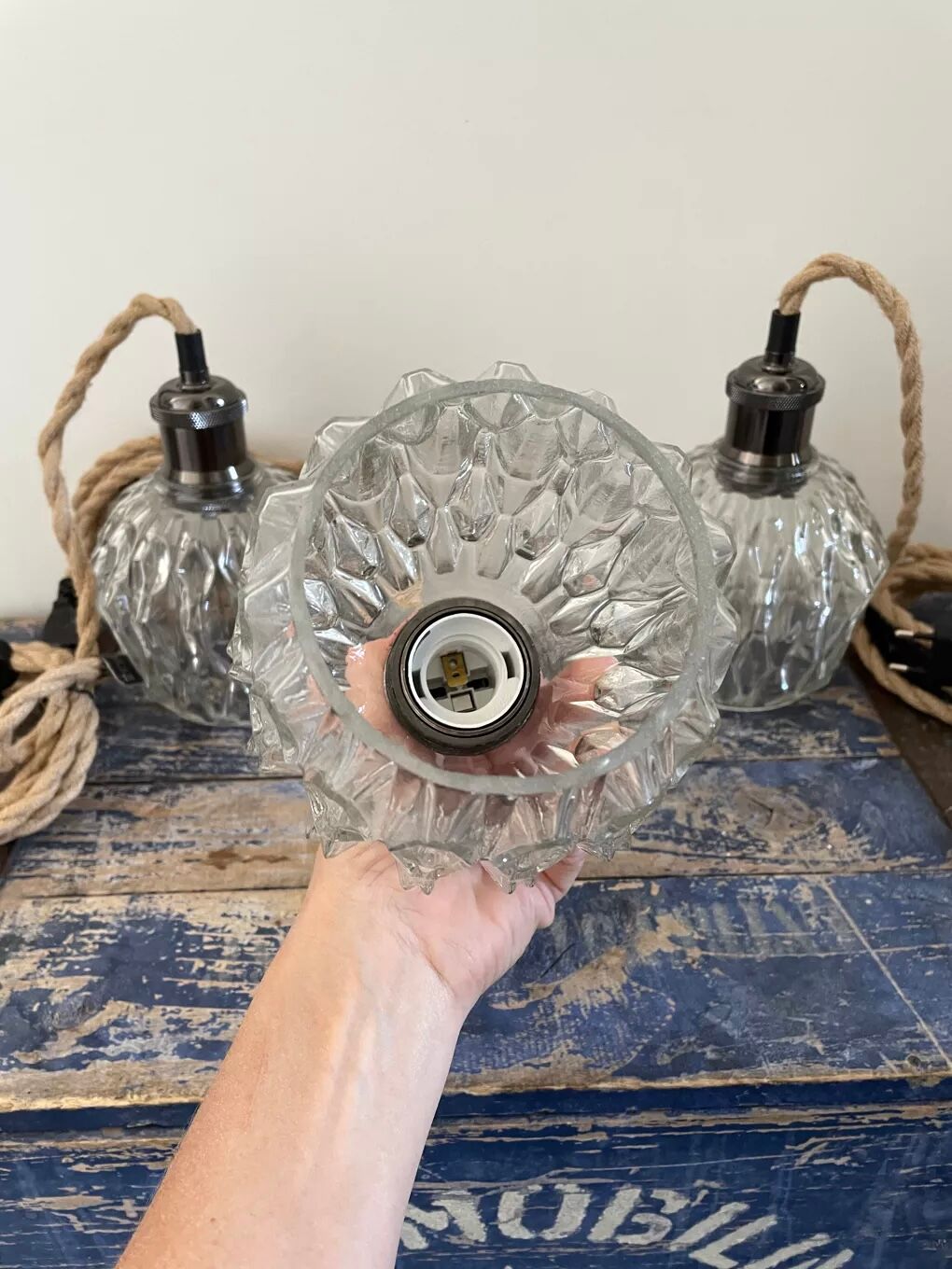 Set of three vintage electric chiseled glass walking lamps