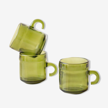 3 vintage green glass coffee cups
