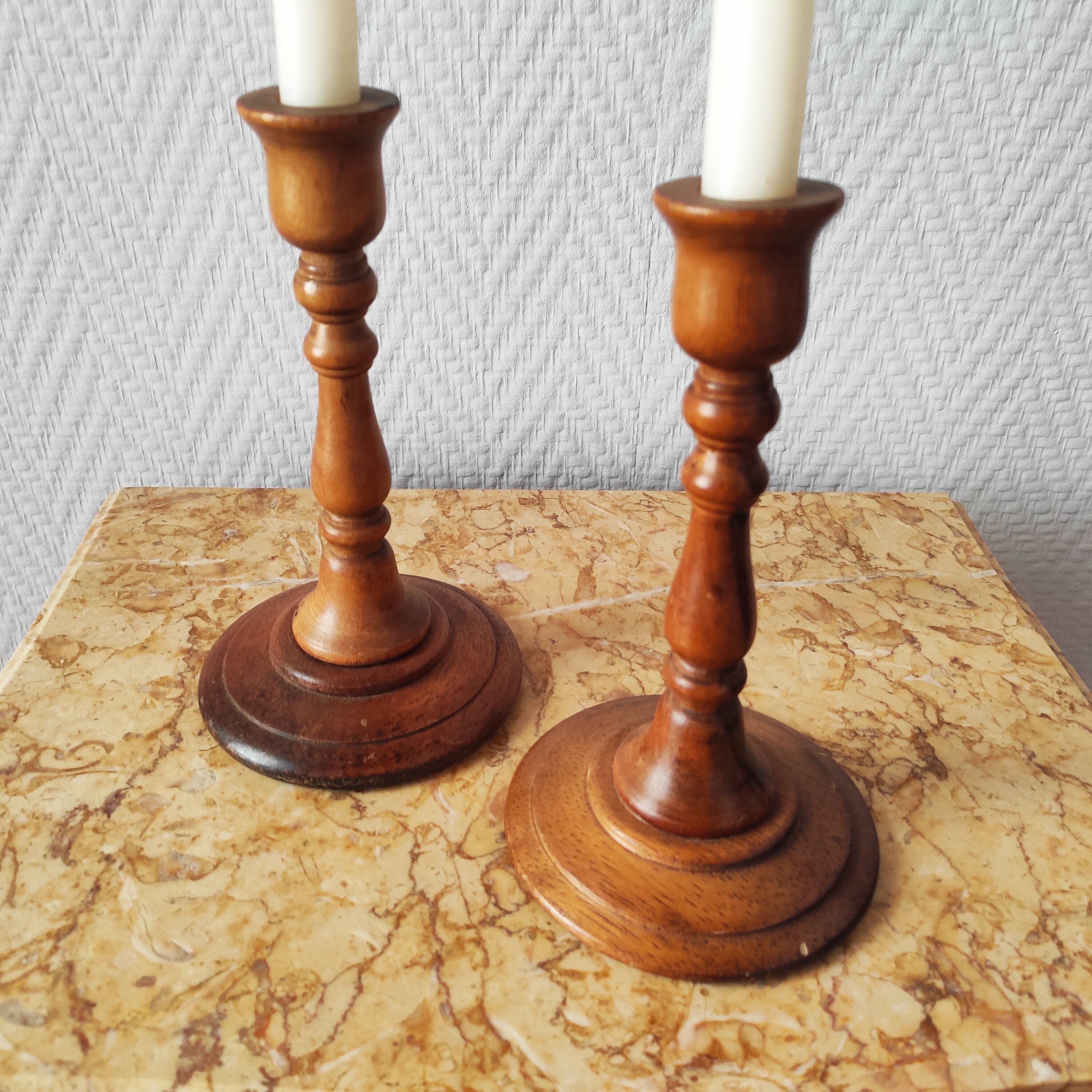 Pair of vintage turned wooden candlesticks